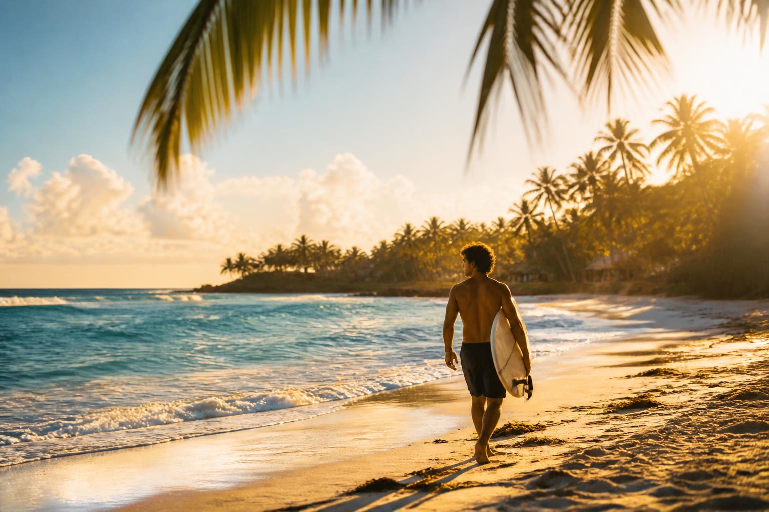 Surfer walking on a sun-drenched tropical beach at golden hour