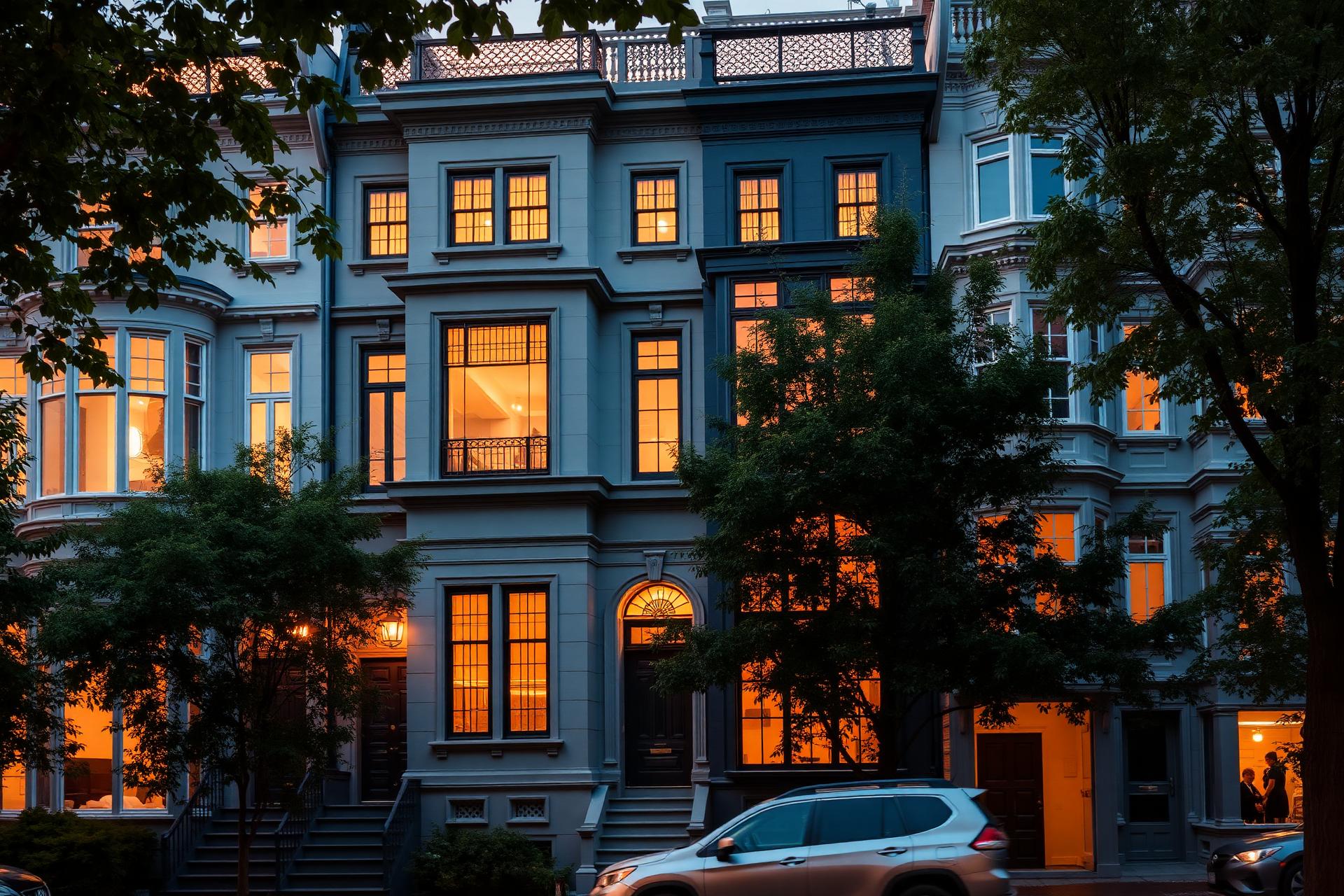 Elegant city townhouse with warm glowing windows at dusk