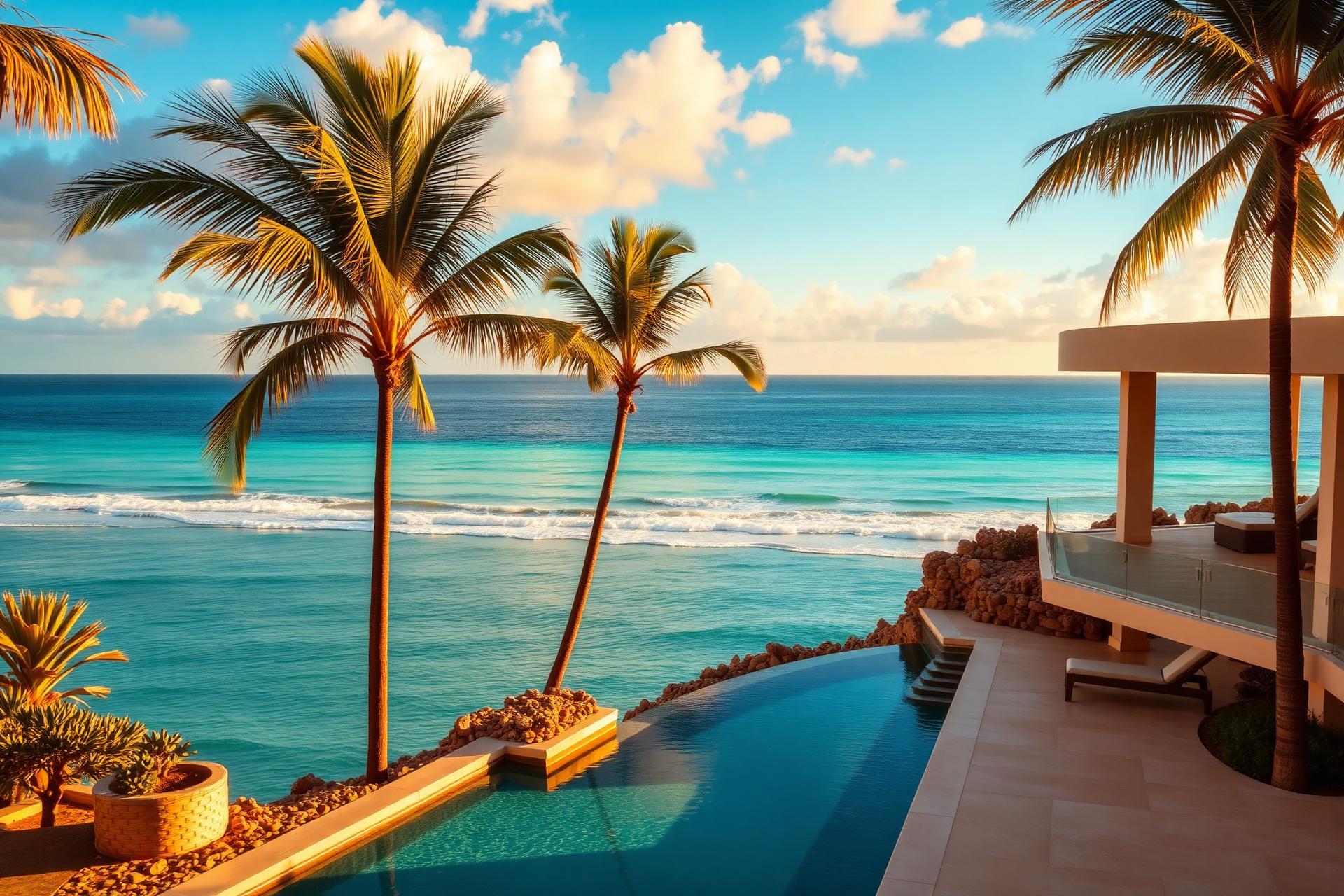 Cliffside beach villa with infinity pool overlooking turquoise ocean at sunset